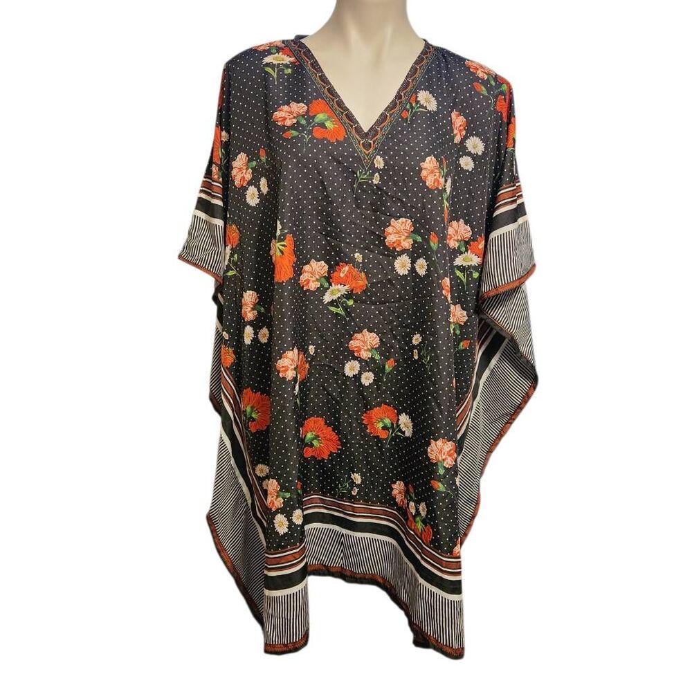 Gypsieblu Live to be Free Black Floral Pattern Kimono Sleeve Tunic One Size